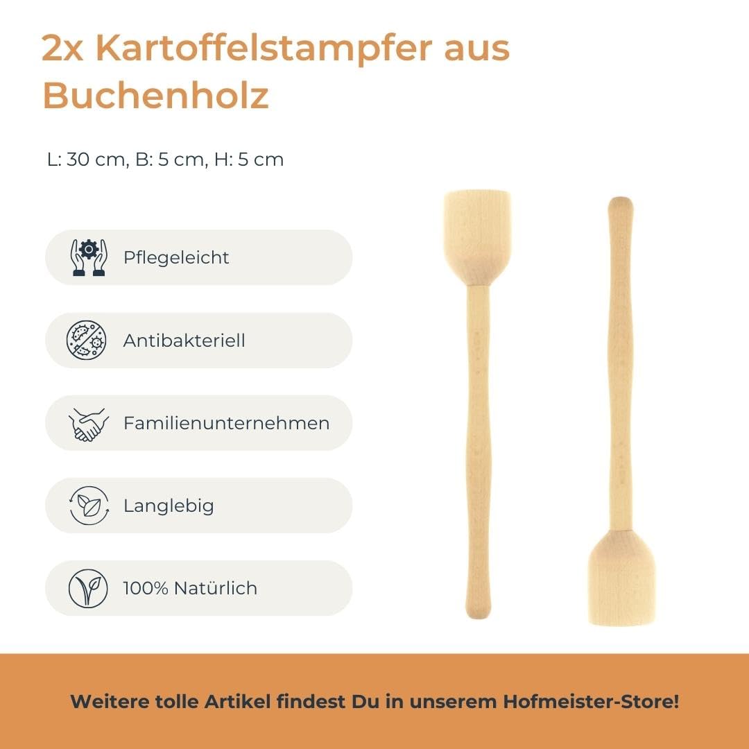 HOFMEISTER® 30cm Pressepurée pour pommes de terre, légumes, fruits & choucroute Résistant à la chaleur, antibactérien, antirayures, presseherbes robuste en bois de hêtre, fabriqué en Europe, 30 cm
