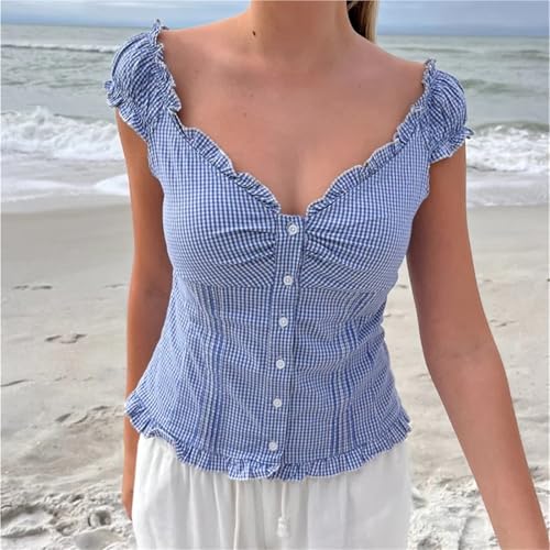 Women Y2K Short Sleeve Babydoll Tops V Neck Button Up Ruffle Hem Slim Teen Girls Tshirt Cute Aesthetic Shirts2