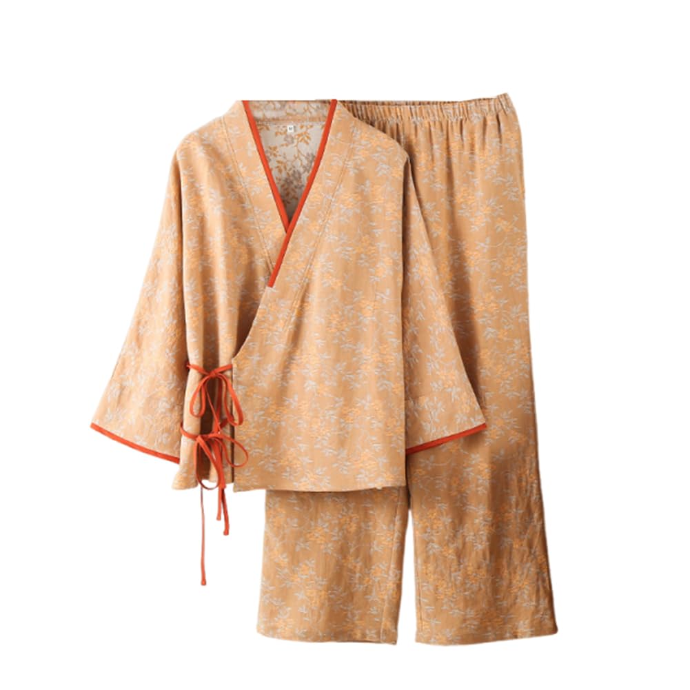 PRINCESS BRIDE Pijama estilo kimono japonés de gasa de algodón, conjunto de pijama retro con cinturón, elegante, ropa de dormir holgada para mujer