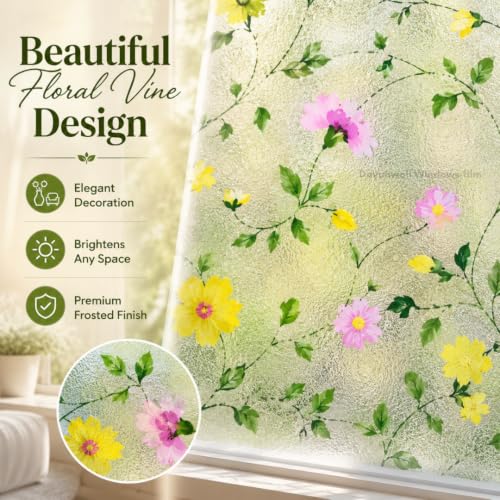 Image of Self Adhesive Window Privacy Film for Glass Windows & Doors | UV Blocking, Heat & Glare Reduction | Decorative Frosted Glass Film Easy to Apply (Frosted White with Yellow, 24X150 Inch)