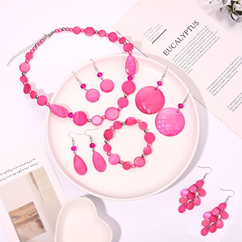 Jertocle Shell Necklace And Bracelet Earrings Set For Women Boho Shell Choker Necklace Bracelet Waterfall Seashell Dangle Earrings Summer Beach Jewelry (Pink) #TOP3