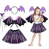 MIVORA Costume de Chauve Souris Fille, 4 pièces Deguisement Halloween Fille Enfant Deguis...