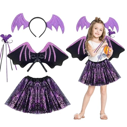 MIVORA Traje de morcego para menina, 4 peças disfarce de morcego para crianças com diadema de Halloween, saia tu, asas e varinha mágica para carnaval Cosplay Party (roxo)
