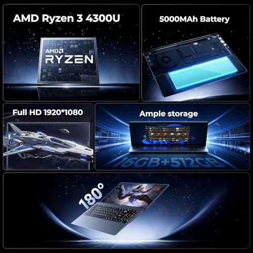 Image of 2026 AMD Gaming Laptop with Ryzen 4300U Processor, 15.6 inch FHD Screen Laptop Computer with AMD Radeon Graphics, 16GB RAM 512GB ROM Laptops Work Student Win 11 Laptop, Type-C, HDMI