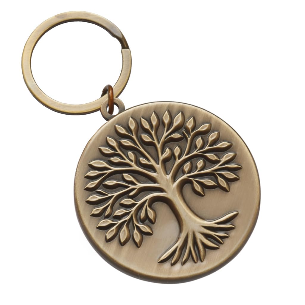 Tree of Life Keyring, Brass-Coloured Metal, 50mm Pendant with 30mm Split Ring, representing unity, wisdom, strength, and harmony