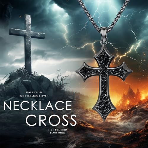 Cross Necklace for Women 925 Sterling Silver Natural Gemstone Black Faith Cross Pendant Christian Religious Jewelry Gift for Women Men3