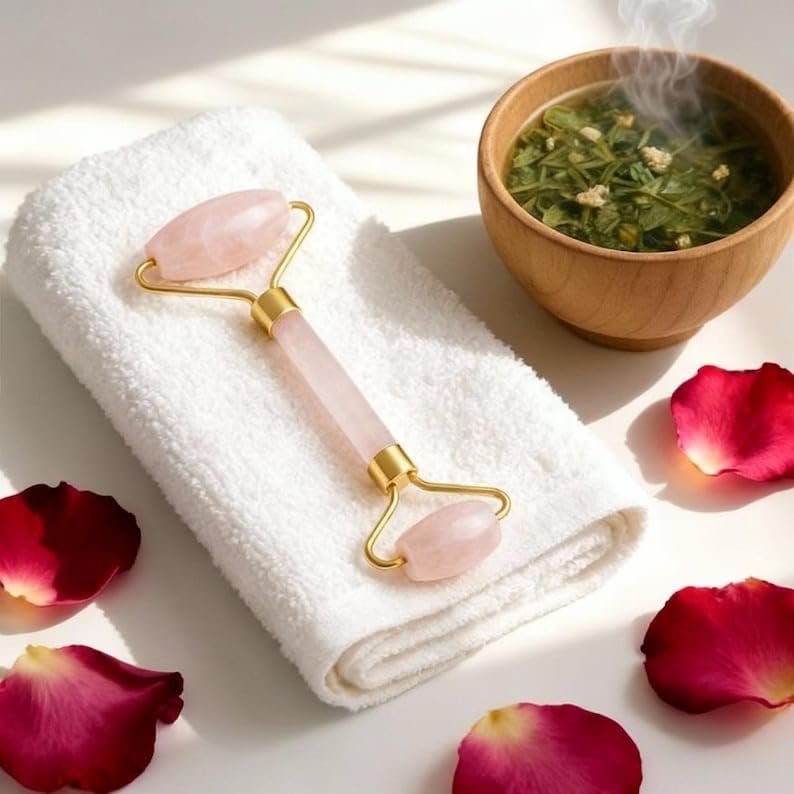 Handmade Rose Quartz Facial Roller, Natural Pink Crystal Face Massager Tool, Skincare Beauty Roller, Self Care Spa Gift for Women