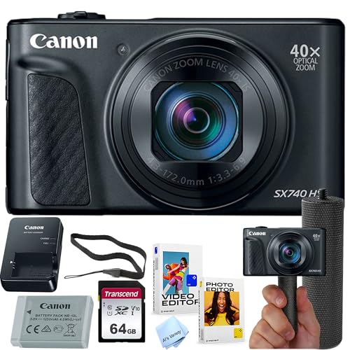 Canon Powershot SX740 HS Digital Camera (Black) + 64GB Memory + Stabilizing Grip + Software Pack +More (Value Bundle) (Renewed)