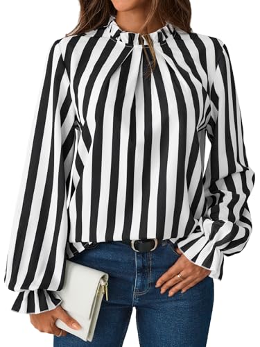 SOFIA'S CHOICE Women's Striped Long Sleeve Blouse Shirts Pleated Mock Neck Ruffle Top2