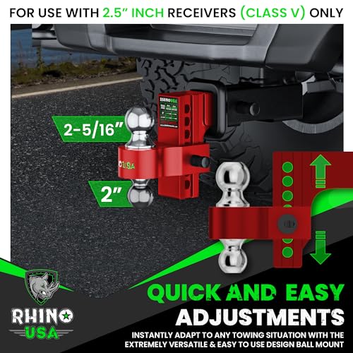 Image of Rhino USA Adjustable Trailer Hitch (Fits 2-Inch Receiver) - Heavy Duty Aluminum Tow Hitches with 6-Inch Drop /Rise for Truck (12,500 LBS GTW) - Weatherproof Double Anti-Theft Locking Hitch Pins (Red)