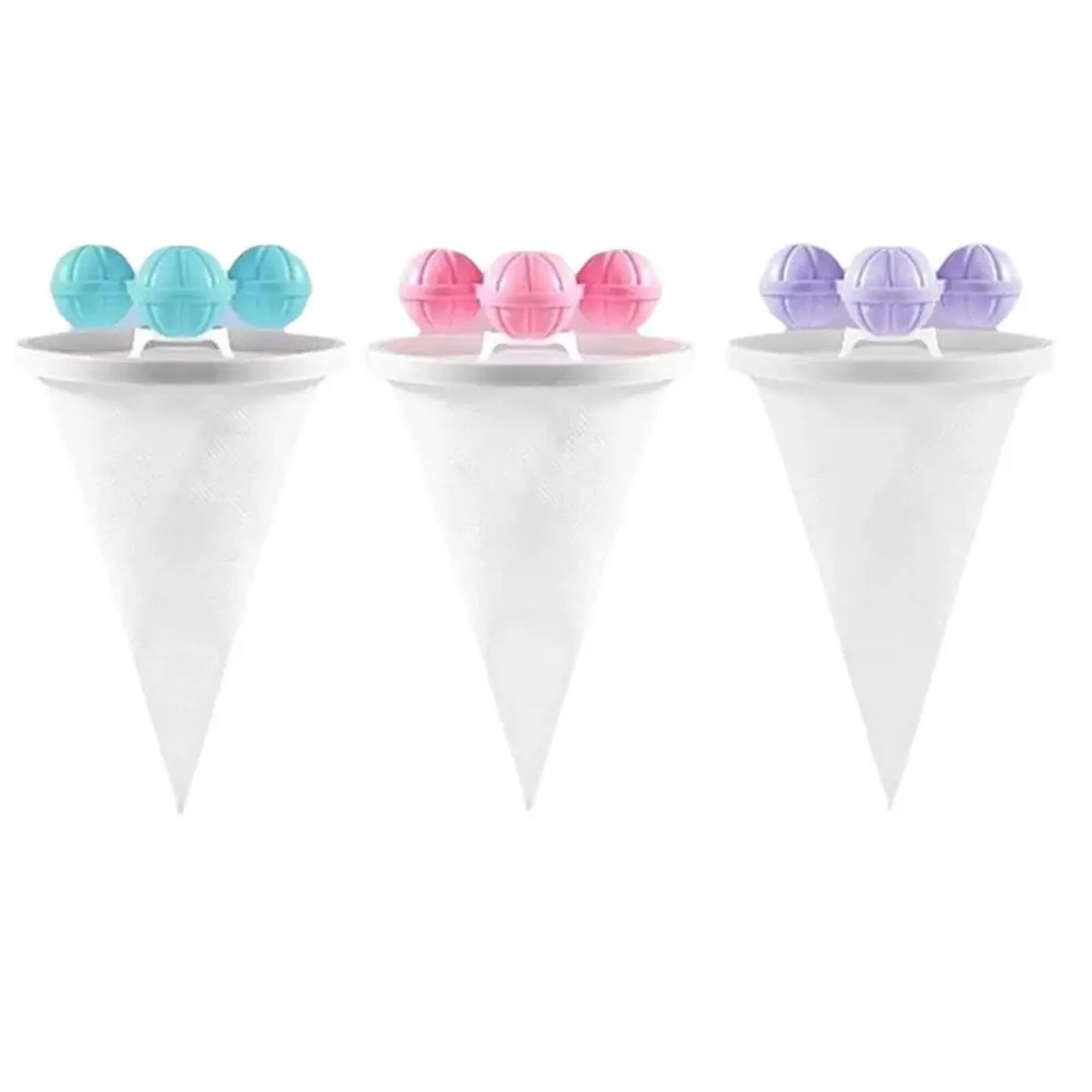 Cone-Shaped Washing Machine Lint Filter with Laundry Balls, Reusable Hair Catcher, Blue, Pink, Purple, 3 Pack
