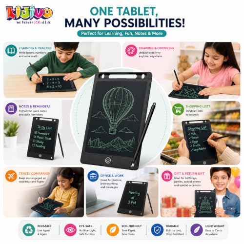 Image of Kidivo 8.5 Inch LCD Writing Tablet for Kids |Electronic Writing Pad Digital Slate Drawing & Learning Board with Stylus Pen,Reusable Paperless E-Note Pad|One-Touch Erase Writing Tablet |Black, Set of 1