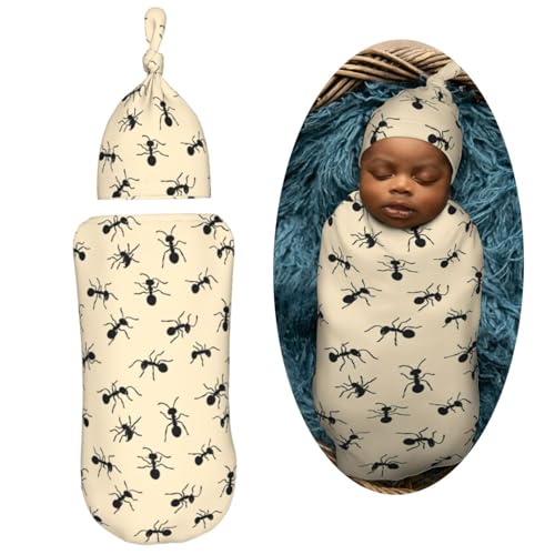 Image of Cartoon Black Ants Newborn Swaddle Blankets Hat Sets Soft Baby Receiving Blanket Swaddle Sack for Baby Shower Infant Boy Girl Gift