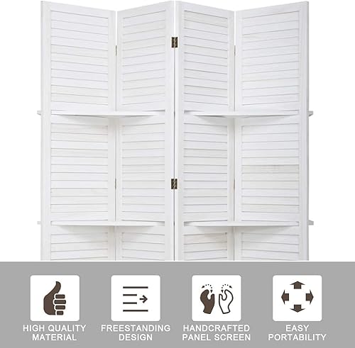 Miniatura 2 de FDW Divisor de habitación de 4 paneles, pantalla plegable de madera de privacidad con tres estantes inteligentes, divisor de madera portátil para