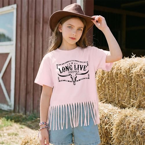 Image of Wrenpies Girls Western Fringe Shirt Long Live Cowgirls Country Rodeo Shirts Kids Cow Skull Graphic Tees Tassel Fringe Tops