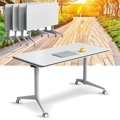 Mesa de reuniones para Sala de conferencias, Mesa de capacitación móvil Plegable Blanca con Tapa abatible, Escritorio Plegable portátil con Ruedas de Seguridad y Bloqueo para aulas de oficin