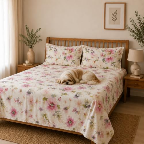 Image of Linen Home Cotton Percale Flat Bedsheet Set King Size Floral Pink