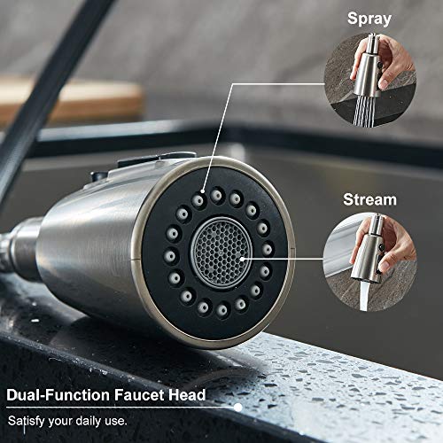 VALISY Lead-Free Modern Stainless Steel Brushed Nickel Pull Down Kitchen Sink Faucet, Single Handle 1 or 3 Hole High Arc Kitchen Faucets with Pulldown Sprayer & Deck Plate - Thumbnail 4