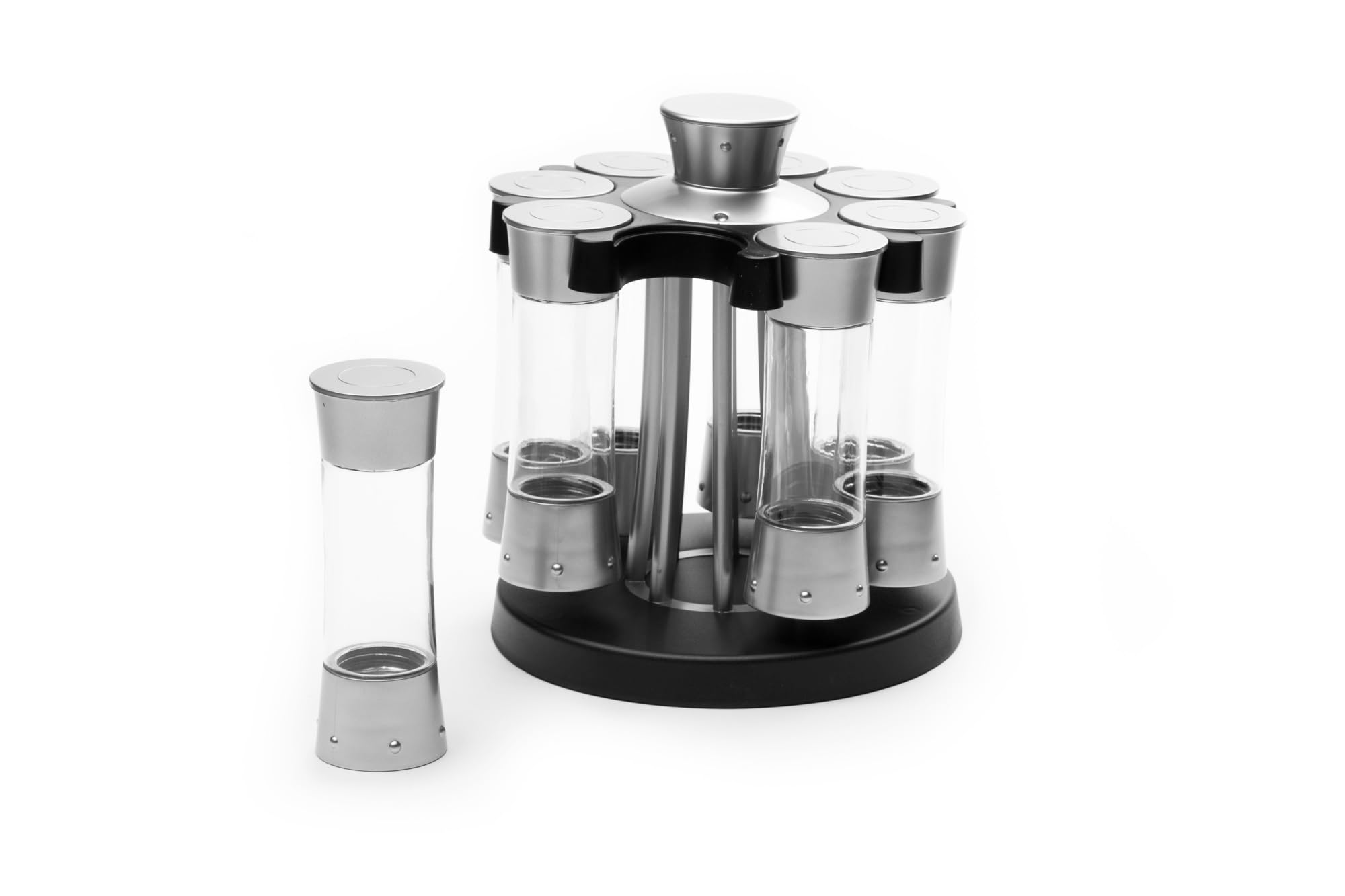KitchenArt Spice Rack, Elite Auto-Measure Plastic Spice Carousel, 8 Spice Jars, Silver