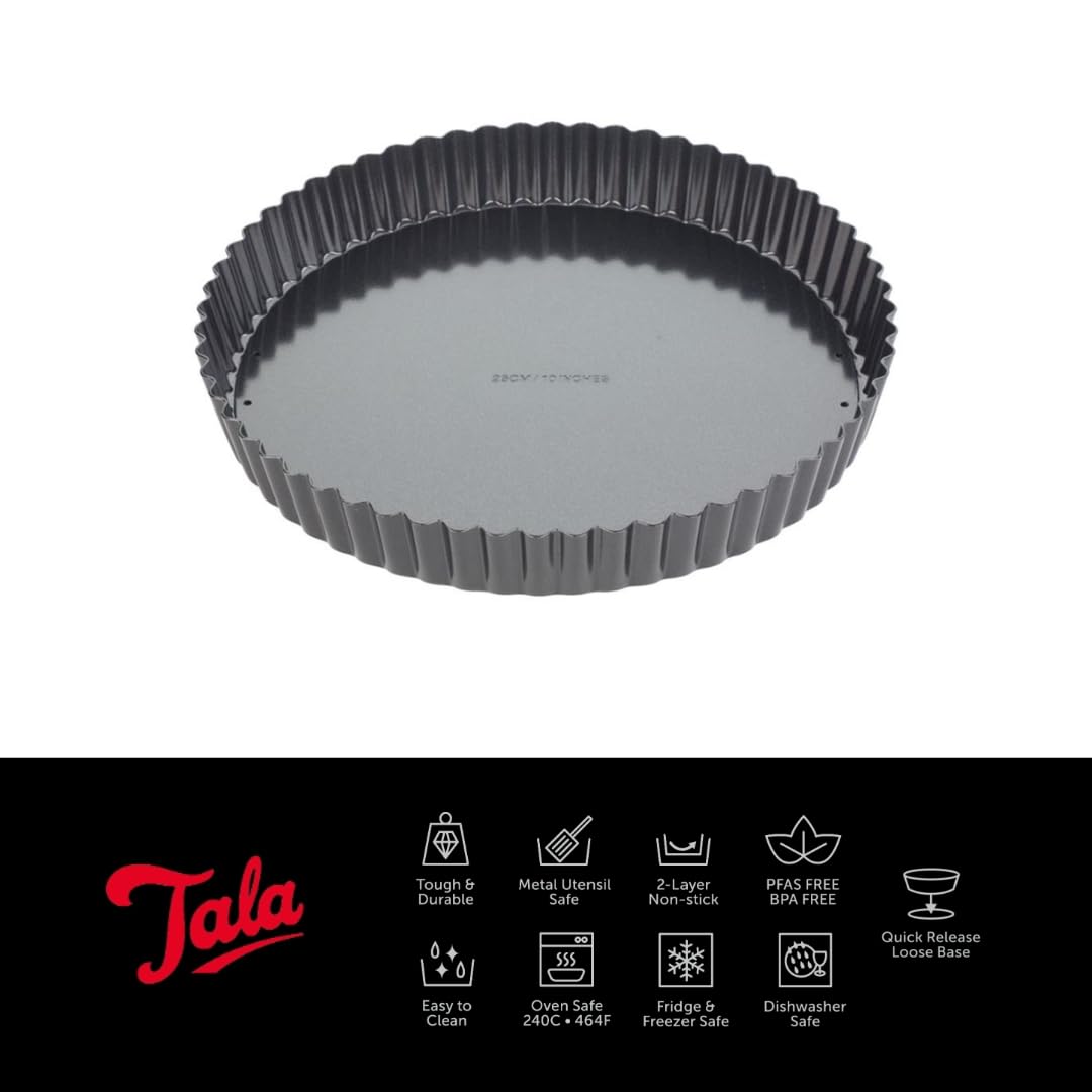 Tala Performance 25 cm Dia Fluted Tart Tin, Professional Gauge Carbon Steel with Eclipse Non-Stick Coating, Loose Base, Perfect for savoury or Sweet tarts, flans, quiches, or Desserts, Black