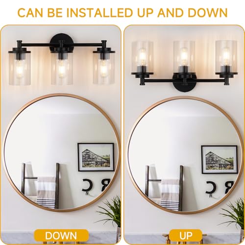 Image of 3-Light Bathroom Light Fixtures, Black Vanity Light with Clear Glass Shade, Modern Bathroom Lighting Fixtures Over Mirror, 19 inch Bathroom Vanity Light for Mirror Bedroom Hallway