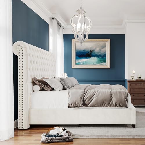 Bed-Frame-Queen-Size-Upholstered-Platform-Bed-with-528-Tall-Sleigh-Headboard-Button-Tufted-No-Box-Spring-Needed-Easy-Assembly-Cream Bed Frame Queen Size Upholstered Platform Bed with 528 Tall Sleigh Headboard Button Tufted No Box Spring Needed Easy Assembly Cream
