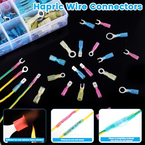 Hapric 340 Pcs Heat Shrink Wire Connectors Kit, Waterproof Electrical Terminals Butt Connectors, Insulated Spade Connectors Crimp Connector Assortment, Ring Fork Spade Splices