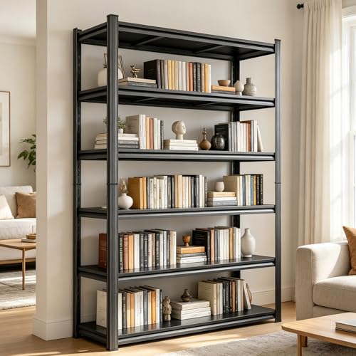 Image of 6-Tier Metal Bookshelf, 1800LBS Industrial Tall Display Bookcase, Modern Black Book Shelf, Adjustable Bolt-Free Storage Shelves for Living Room, Bedroom, Kitchen, 40 inch W x16 D x78 H