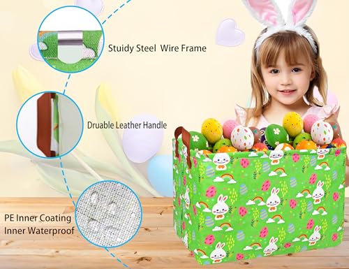 Image of Rectangle Empty Easter Baskets Boy Large Toy Storage Bin Girls collapsible Hamper Waterproof Canvas Box Kid Gifts Spring Decor( Rainbow Rabbit Egg )