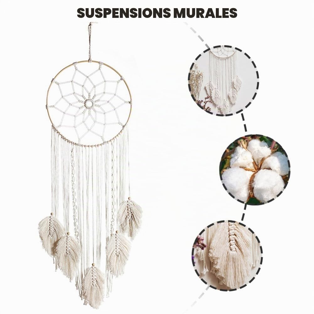 Attrape-rêves Boho Blanc Fait Main Macramé Tissé Coton Art mural Décoration Maison