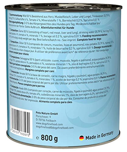 dogz finefood Hundefutter nass - N° 12 Wild & Hering - Feinkost Nassfutter für Hunde & Welpen - getreidefrei & zuckerfrei - hoher Fleischanteil, 6 x 800 g Dose