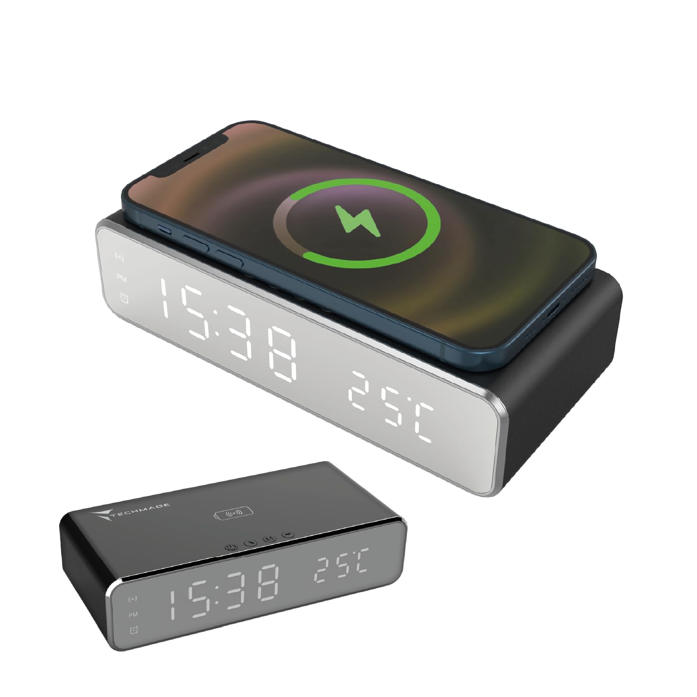 TECHMADE Sveglia Digitale con Ricarica Wireless, Sveglia con Allarme con Timer, Display LED Regolabile Luce notturna, Ricarica per iPhone, Samsung, Huawei e Altri (Black)