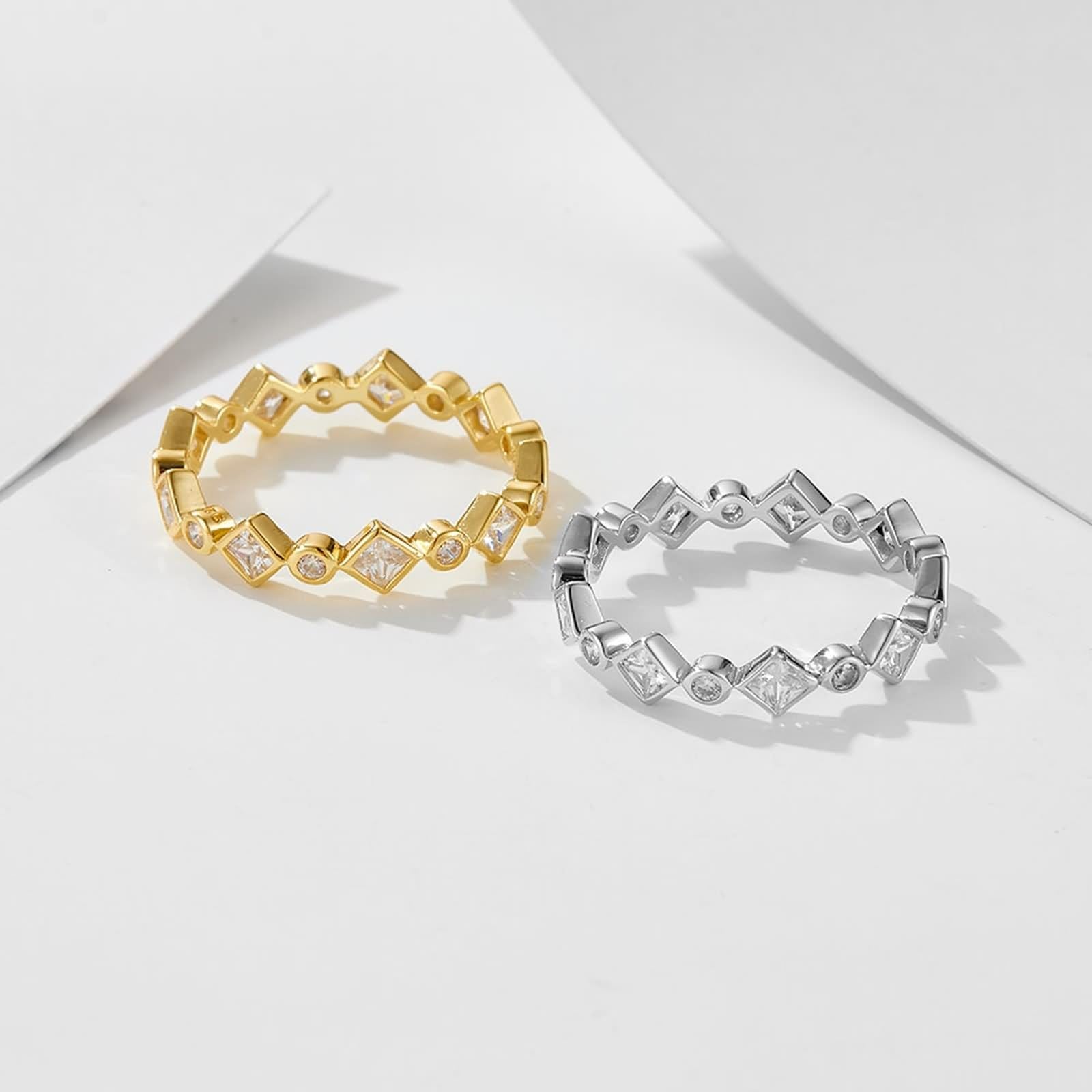 Juego de anillos de boda, anillos de boda para mujer, geométricos con forma cuadrada de moissanita