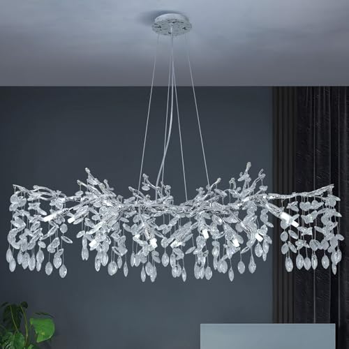 ZenithBeam Plata LáMpara De ArañA Colgante De Cristal,Moderna RectáNgulo Forma De La Rama Aluminio Lampara Comedor Techo,10 G9 Luces Lampara Colgante Para Cocina Sala De Estar,L120Cm