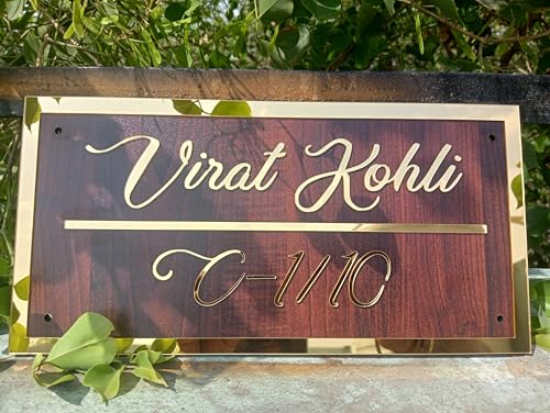 Image of Personalized Craft Wood Luxury Door Name Plates for Home Entrance (15x30 Cm) with 3D Embossed Letters- Ideal for Home & Office Entrances With Stainless Steel Screws || Door name plates (WoodGold)