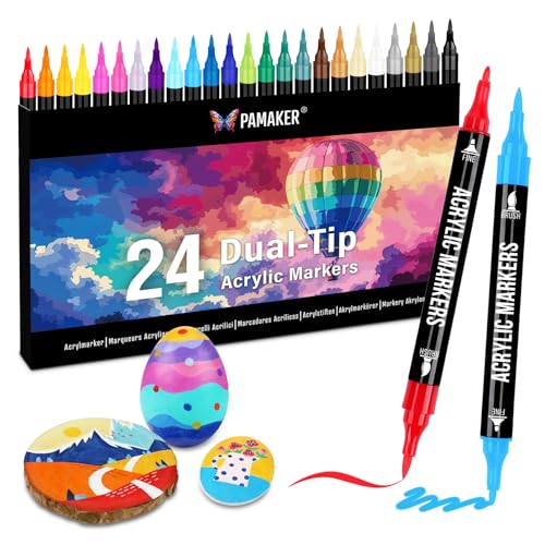 Pamaker 24 Farben Acrylstifte Set Acrylmarker mit feiner Spitze und Pinsel für Stoff Leinwand Glas Holz und Papier zum Zeichnen und DIY-Bastelprojekte