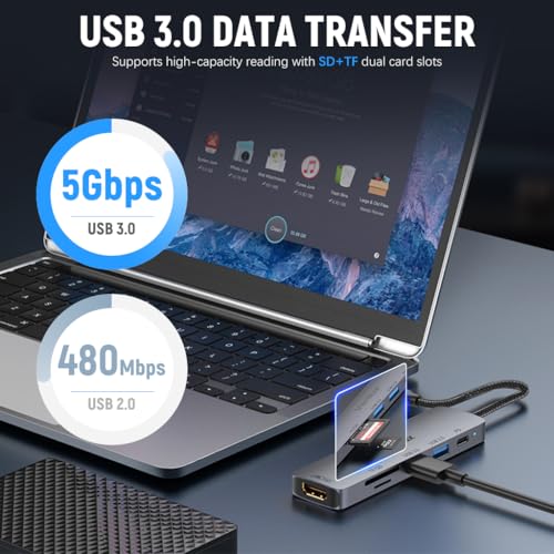 Image of Verilux 6 in 1 USB C Hub Adapter with 4K HDMI 30Hz, 100W PD Fast Charging, Dual USB 3.0 Ports, SD /TF Card Reader, Multiport Converter for Laptops, SSD Enclosure, Monitors