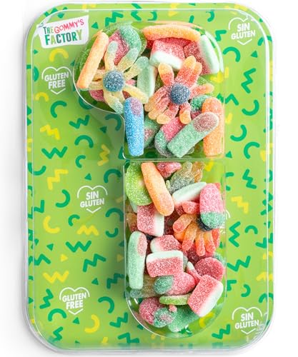 Gommy's Factory, Party Numbers nº 1 SIN GLUTEN. Tarta de gominolas para cumpleaños y celebraciones con forma de números. 500g chuches
