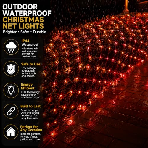 Image of Dazzle Bright Christmas Net Lights, 360 LED 12FT x 5 FT Transparent Wire Waterproof Connectable String Lights with 8 Modes Christmas Outdoor Lights for Bushes Garden Party Holiday Decoration (Red)