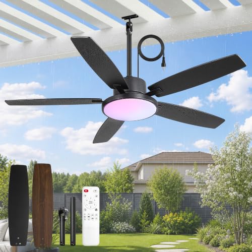 52" Outdoor Ceiling Fan with Light Remote IP65 Waterproof Ceiling Fan RGB