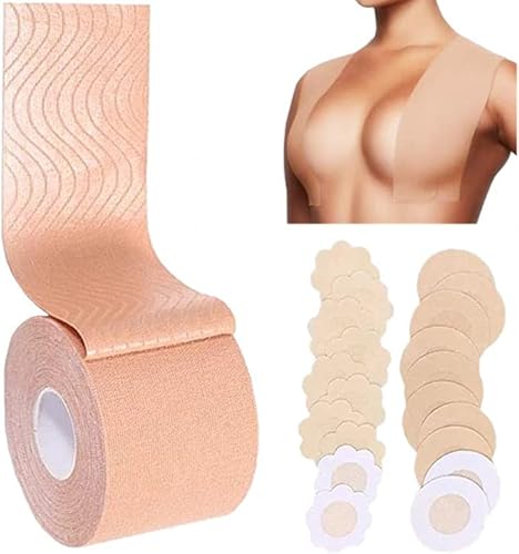 Boobs Tape - Breast Lift Tape 2" x 16" and 10 Pair Disposable Round Nipple Cover, Push up Boobs A to DD Cup Adhesive Bra … Beige