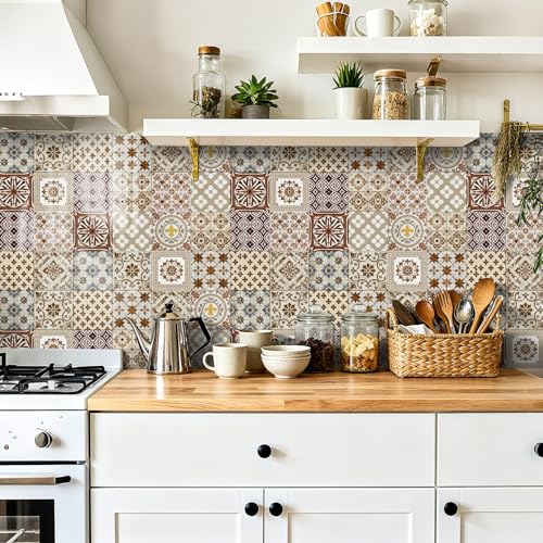Azulejos Adhesivos Cocina Amarillo Marrón Bohemio Azulejos Adhesivos Baño Impermeables Baldosas Adhesivas Pared para Gabinete Muebles Decoración Vinilo Adhesivo Pared Cocina 15x15cm /24 Piezas