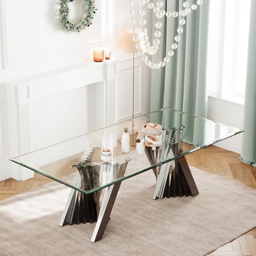 Anewsun 94 Inch Glass Dining Table for 8-10, Modern Silver Dining Table with Tempered Glass Top and Silver Mirrored Stainless Steel Base, Luxury Table for Kitchen Dining Room Living Room