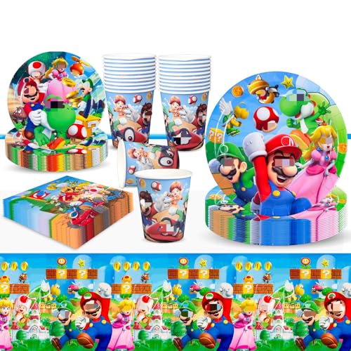 51 Stück Super Bro Partygeschirr Set, Super Bro Geburtstagsdeko Set Kindergeburtstag Deko Party Supplies mit Pappteller, Tasse, Tischdecke, Servietten, Party Dekoration für 10 Gäste