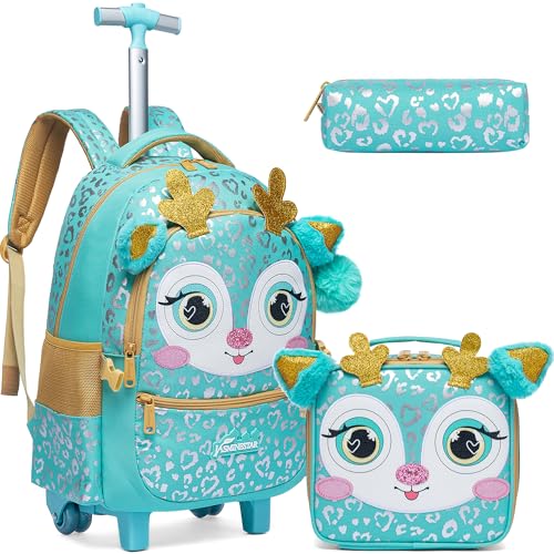 Mochila com rodas para meninas Mochilas com rodas para meninas Mochilas com lancheira para alunos do ensino fundamental 3 em 1 Mala de viagem de viagem com panda fofo para meninas de 8 a 10 anos