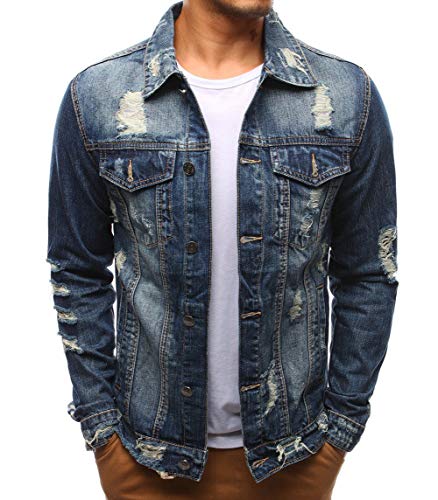 chouyatou Men's Distressed Button Front Casual Denim Jean Trucker Jacket (Large, Blue)