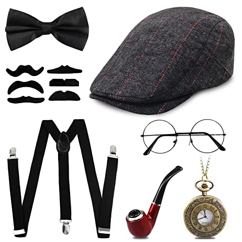 Grantop 1920s Gatsby Costume for Men 1920s Men Fancy Dress Accessories Set Retro Gangster Costume Kit with Panama Hat Elastic Suspenders Mustache Pocket Watch Cigar (Style-1)