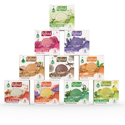 Image of Raissa Bath Soap 85g (Pack of 10) Combo Pack - Haldi Chandan, Lavender Love, Lime & Lemon, Milk & Almond, Milk & Saffron, Mysore Mallige, Nawabi Gulaab, Sandal Raja, Shahi Oudh, Vrinda Tulasi.