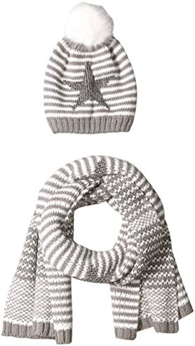 Orchid Row Women's Stars and Stripes Shine Knit Scarf and Beanie Cold Weather Set Gray/Ivory O/S