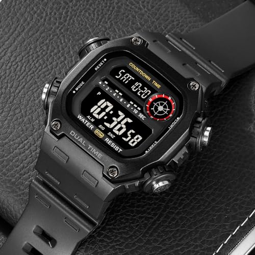 Mens Digital Watch Men Waterproof Watches for Men Dual Time Watch with Date Alarm Chronograph Sports Watch Teenage Boys, All Black, M142.H3